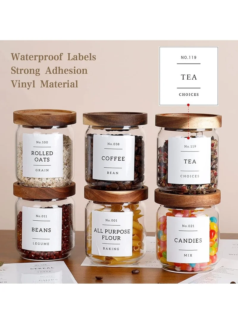 QUESERA 480ML Glass food storage jars with acacia wood lids with preprinted pantry labels- pack of 8 pcs