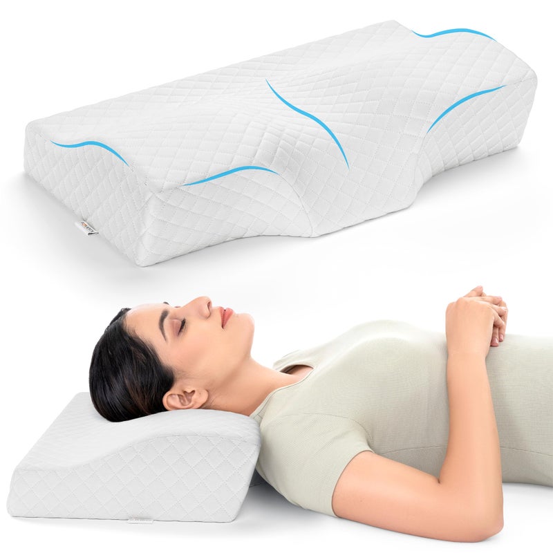 FOVERA Memory Foam Cervical Pillow for Neck Pain | Orthopedic Contour Neck Support Pillow for Sleeping, for Neck and Shoulder Pain, Dual Height (White Jacquard Cover, Pack of 1) - Image 1