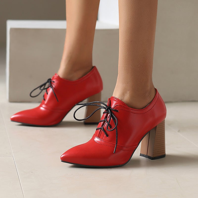 2024 Spring Fashion High Heel Pointed 32-50 Super Plus Size Front Lace Wood Grain Heel Shoes - Image 4