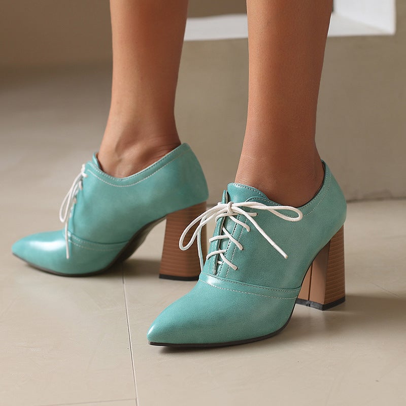 2024 Spring Fashion High Heel Pointed 32-50 Super Plus Size Front Lace Wood Grain Heel Shoes - Image 2