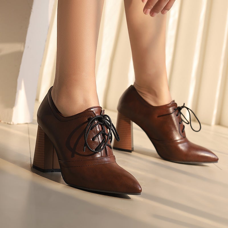 2024 Spring Fashion High Heel Pointed 32-50 Super Plus Size Front Lace Wood Grain Heel Shoes - Image 5