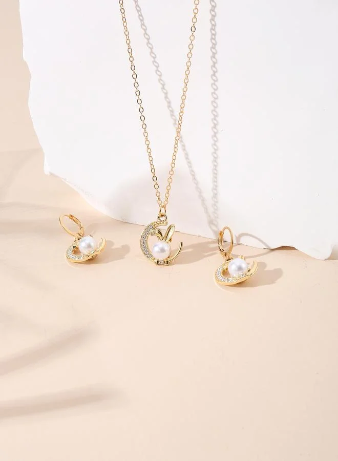 Take Two  Pack of 3 - Gold Tone Pearl Bunny Pendant Necklace and Earrings for Women | Best Price UAE