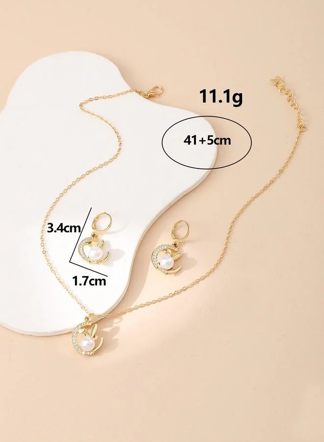 Take Two  Pack of 3 - Gold Tone Pearl Bunny Pendant Necklace and Earrings for Women | Best Price UAE