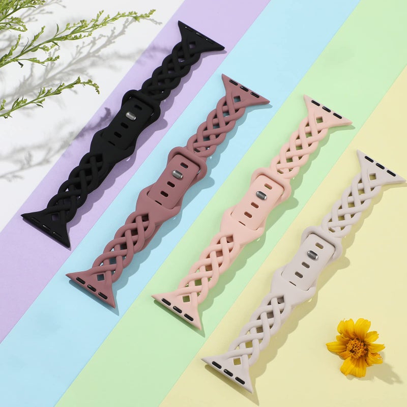 iWabcertoo Slim Silicone Bands for Apple Watch Band 40mm 38mm 41mm 42mm 44mm 45mm 49mm Braided Lace Thin Wristbands for iWatch SE Series 8 7 6 5 4 3 2 1, Black/Starlight/Violet Smoke/Sand Pink - Image 4