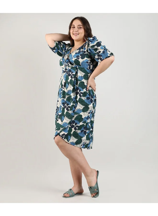Instafab Plus Women's Forest Green Foliage Wrap Dress For Casual Wear | V Neck | Short Sleeve | Pull On Closure | Plus-Size Dress Crafted With Comfort With For Everyday Wear
