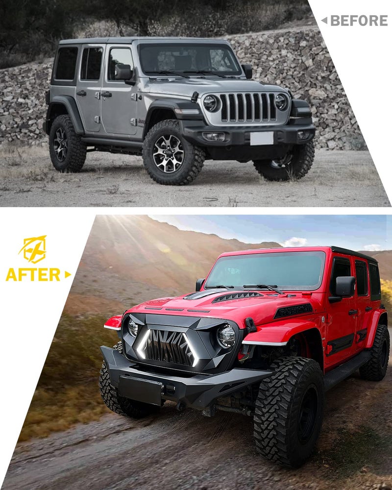 Xprite Front Grill Replacement Compatible with 2018-2026 Jeep Wrangler JL JLU & 2020+ Gladiator JT, Matte Black Shark Grille w/Running and Turn Signals Light - Image 4