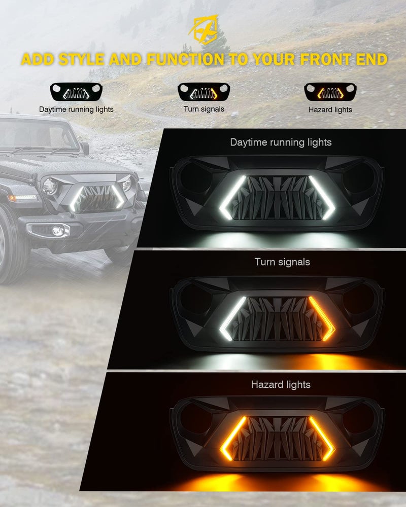Xprite Front Grill Replacement Compatible with 2018-2026 Jeep Wrangler JL JLU & 2020+ Gladiator JT, Matte Black Shark Grille w/Running and Turn Signals Light - Image 2