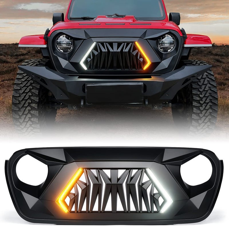 Xprite Front Grill Replacement Compatible with 2018-2026 Jeep Wrangler JL JLU & 2020+ Gladiator JT, Matte Black Shark Grille w/Running and Turn Signals Light - Image 1