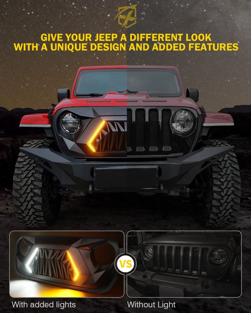 Xprite Front Grill Replacement Compatible with 2018-2026 Jeep Wrangler JL JLU & 2020+ Gladiator JT, Matte Black Shark Grille w/Running and Turn Signals Light - Image 3