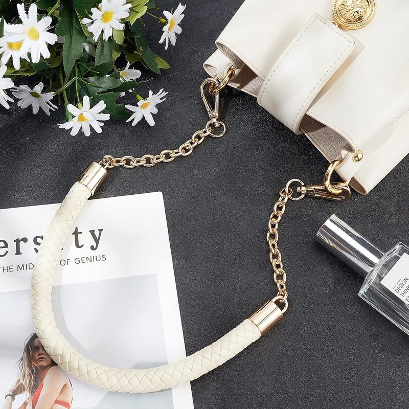 comfrt Purse Chain Handle PU Leather Braided Bag Handle Shoulder Strap Replacement Handbag Clutch Bag Handle with Gold Swivel Buckles DIY Bag Making Supplies (Creamy White) - Image 4