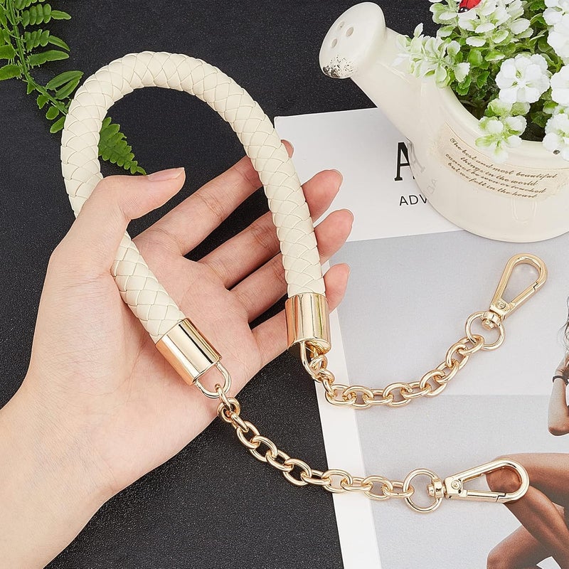 comfrt Purse Chain Handle PU Leather Braided Bag Handle Shoulder Strap Replacement Handbag Clutch Bag Handle with Gold Swivel Buckles DIY Bag Making Supplies (Creamy White) - Image 3