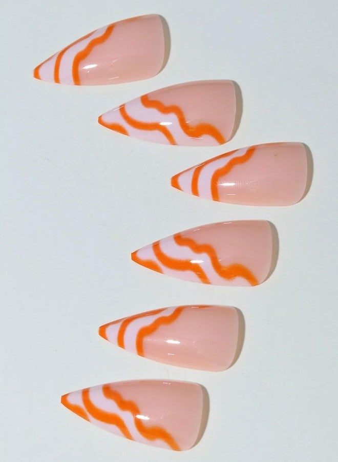 MISUD Press on Nails - Long Stiletto Glue on Nails with Orange Swirl, Acrylic Summer Design 24 pcs - Image 2