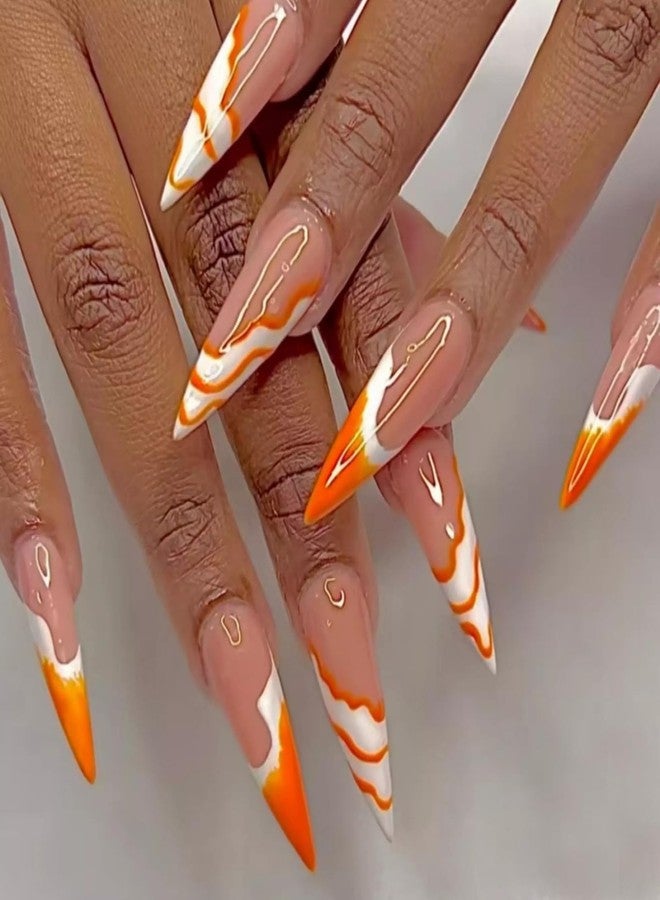 MISUD Press on Nails - Long Stiletto Glue on Nails with Orange Swirl, Acrylic Summer Design 24 pcs - Image 1