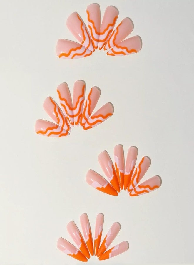 MISUD Press on Nails - Long Stiletto Glue on Nails with Orange Swirl, Acrylic Summer Design 24 pcs - Image 3