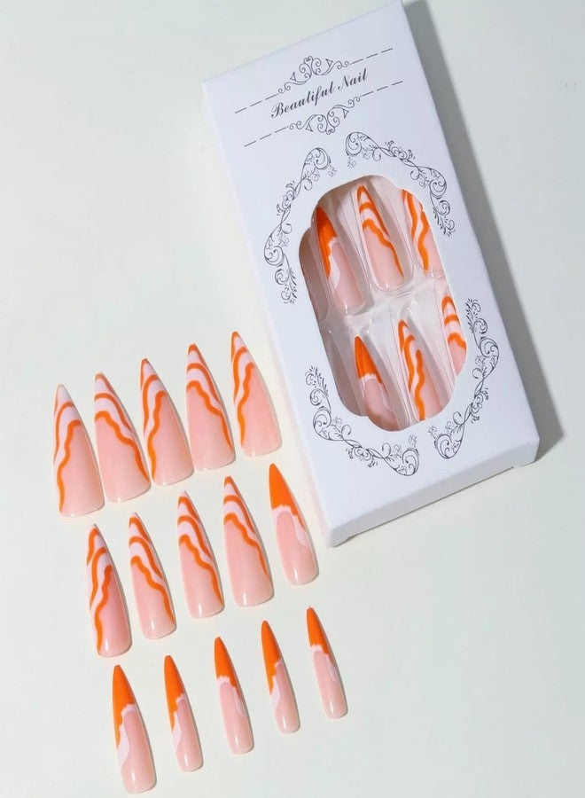 MISUD Press on Nails - Long Stiletto Glue on Nails with Orange Swirl, Acrylic Summer Design 24 pcs - Image 4