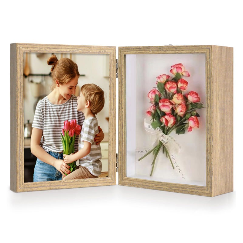 ZEEYUAN 4x6 Picture Frame Hinged Double Frame with Shadow Box Display Case  4x6 Folding Photo Frame Rustic with Glass Front Stand Vertical Tabletop - Image 1