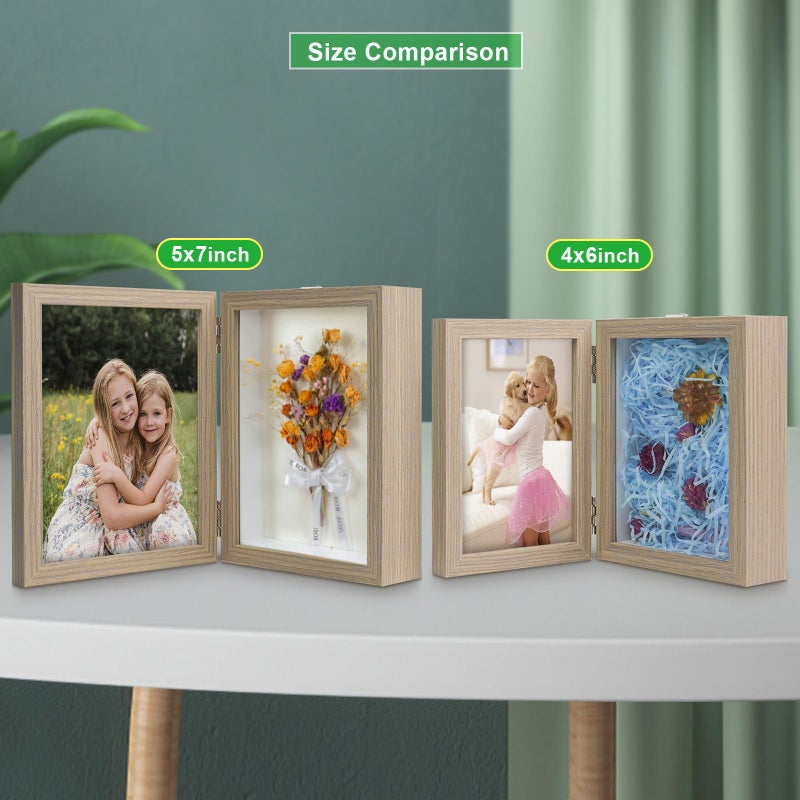 ZEEYUAN 4x6 Picture Frame Hinged Double Frame with Shadow Box Display Case  4x6 Folding Photo Frame Rustic with Glass Front Stand Vertical Tabletop - Image 3