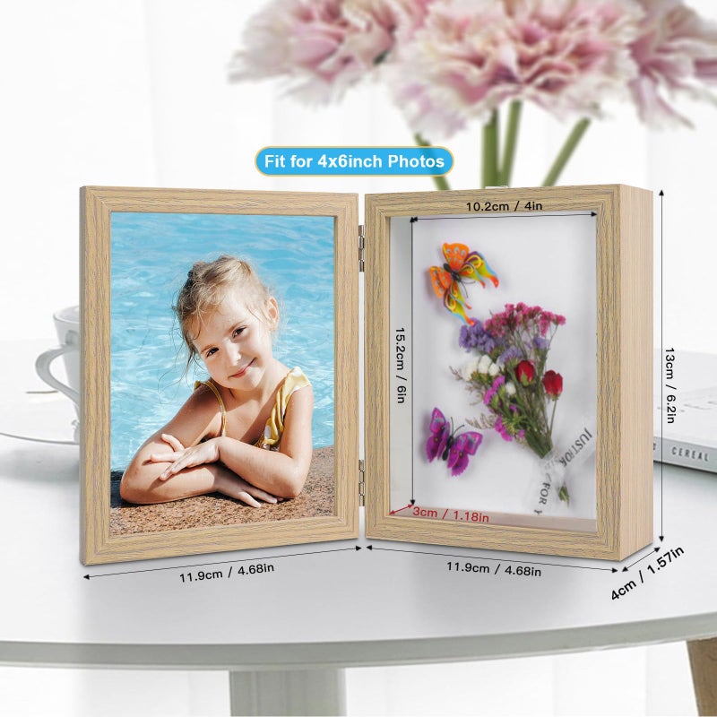 ZEEYUAN 4x6 Picture Frame Hinged Double Frame with Shadow Box Display Case  4x6 Folding Photo Frame Rustic with Glass Front Stand Vertical Tabletop - Image 2