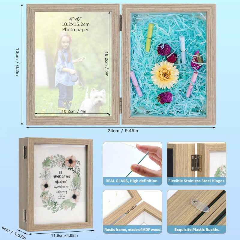 ZEEYUAN 4x6 Picture Frame Hinged Double Frame with Shadow Box Display Case  4x6 Folding Photo Frame Rustic with Glass Front Stand Vertical Tabletop - Image 4
