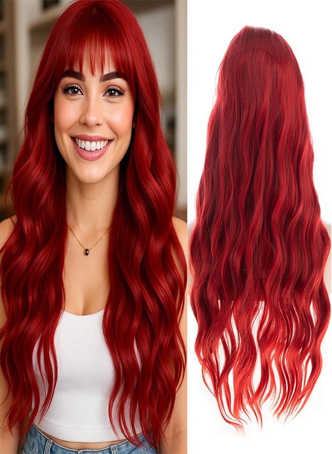 Dsimeig Long Wavy Red Wigs for Women Synthetic Halloween Cosplay Hair Wig with Bangs - Image 1