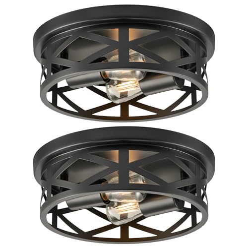 VONLUCE Flush Mount Ceiling Lights, 2-Light Hallway Ceiling Lighting Fixtures, 11 inch Farmhouse Metal Cage Ceiling Lights for Entryway Kitchen, Adjustable Lamp Holders, ETL, 2 pcs, Black - Image 1