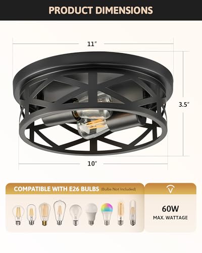 VONLUCE Flush Mount Ceiling Lights, 2-Light Hallway Ceiling Lighting Fixtures, 11 inch Farmhouse Metal Cage Ceiling Lights for Entryway Kitchen, Adjustable Lamp Holders, ETL, 2 pcs, Black - Image 3