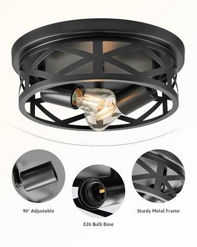 VONLUCE Flush Mount Ceiling Lights, 2-Light Hallway Ceiling Lighting Fixtures, 11 inch Farmhouse Metal Cage Ceiling Lights for Entryway Kitchen, Adjustable Lamp Holders, ETL, 2 pcs, Black - Image 5