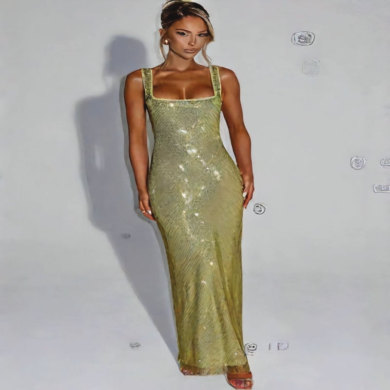 Sexy Double Strap Sequin Mesh Dress Bodycon Evening Gown - Image 3