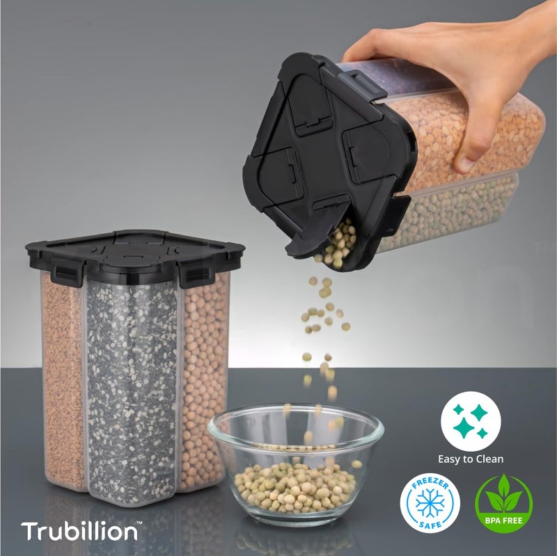TRUBILLION SplitBox 4Section Kitchen Food Storage Container2000ml BPAFree TransparentBlack LidRemovable DividerFreezer SafeStackable SpaceSaving DesignFor PulsesSnacksDry Fruits 2 Black - Image 4