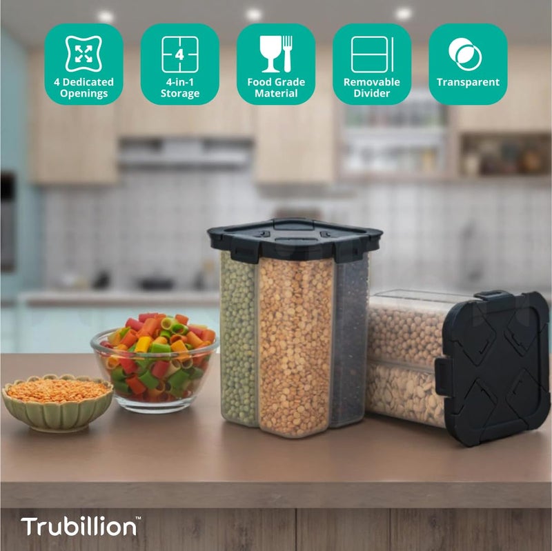 TRUBILLION SplitBox 4Section Kitchen Food Storage Container2000ml BPAFree TransparentBlack LidRemovable DividerFreezer SafeStackable SpaceSaving DesignFor PulsesSnacksDry Fruits 2 Black - Image 2