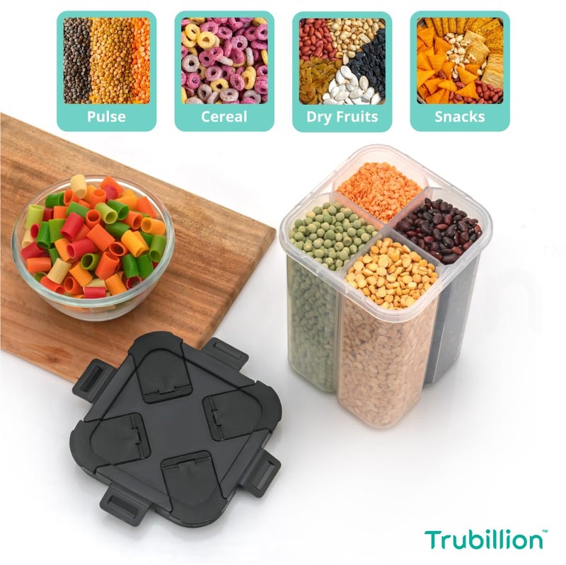 TRUBILLION SplitBox 4Section Kitchen Food Storage Container2000ml BPAFree TransparentBlack LidRemovable DividerFreezer SafeStackable SpaceSaving DesignFor PulsesSnacksDry Fruits 2 Black - Image 3