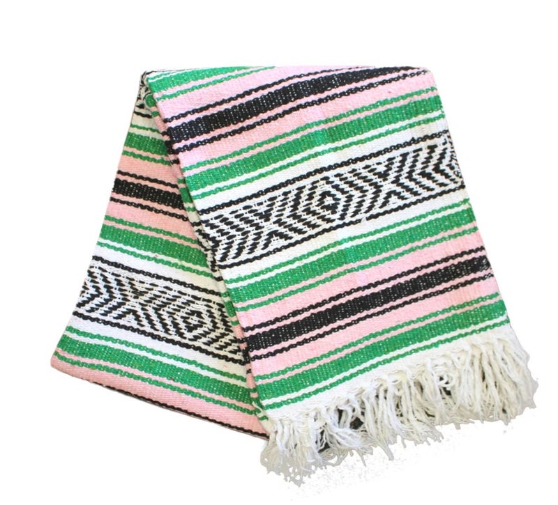 Del Mex Classic Mexican Blanket, Large Authentic Woven Falsa Throw (70"x50"), Artisan Southwest DÃ©cor for Beach, Yoga, Outdoors (Green/Pink) - Image 2