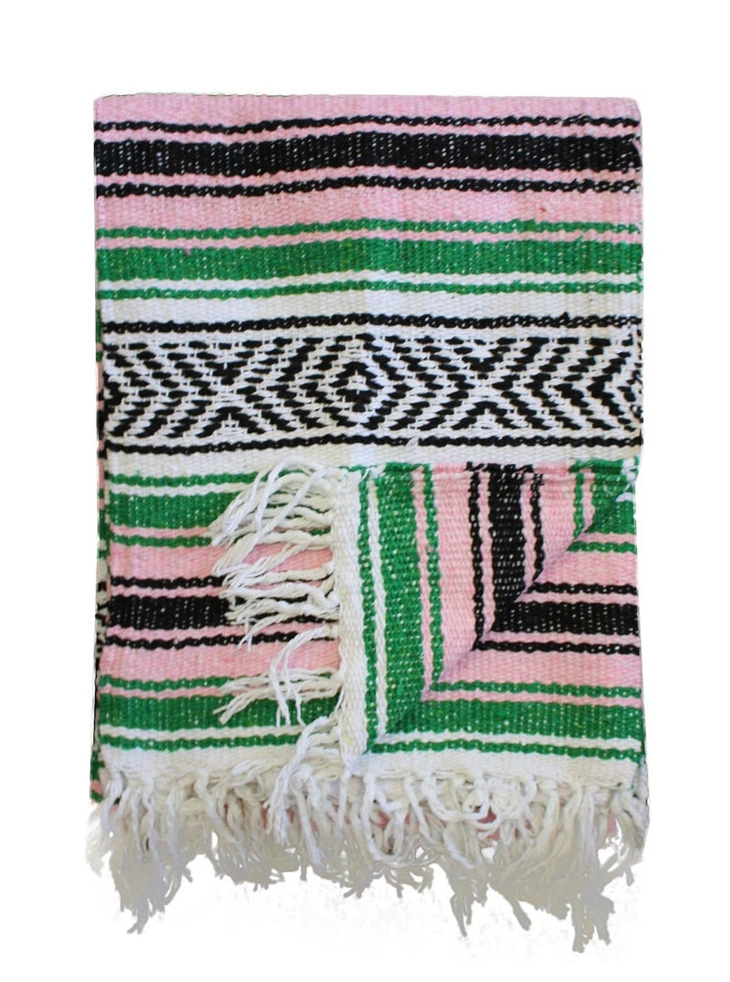 Del Mex Classic Mexican Blanket, Large Authentic Woven Falsa Throw (70"x50"), Artisan Southwest DÃ©cor for Beach, Yoga, Outdoors (Green/Pink) - Image 3