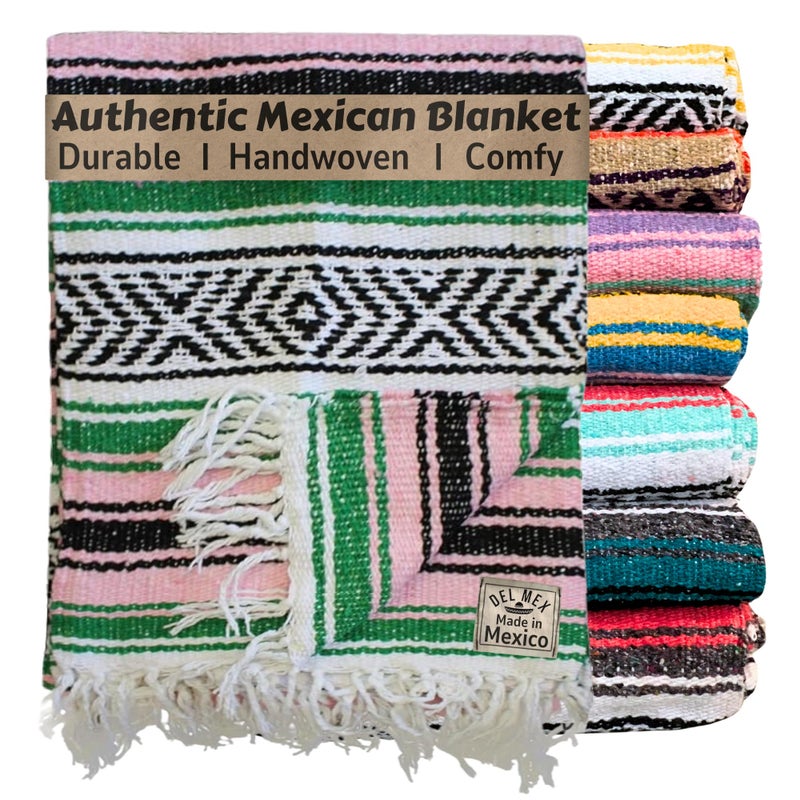 Del Mex Classic Mexican Blanket, Large Authentic Woven Falsa Throw (70"x50"), Artisan Southwest DÃ©cor for Beach, Yoga, Outdoors (Green/Pink) - Image 1