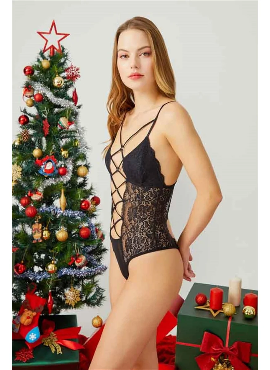 كوتن هيل Black Rope Detailed Adjustable Elastic Lace Women's Bodysuit