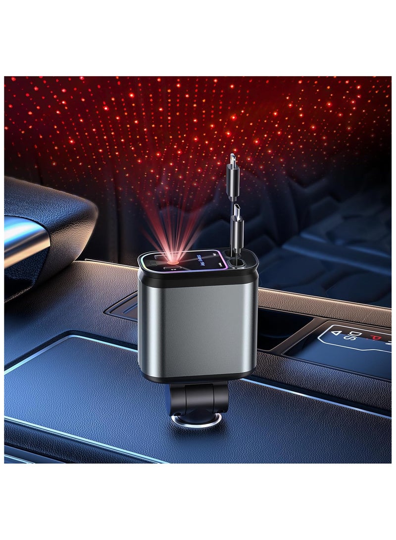 شاحن سيارة ستارلايت القابل للسحب مع كابلات قابلة للسحب، شاحن سيارة فائق السرعة 4 في 1 من ستارلايت في سقف السيارة، محول شاحن سيارة بمنفذي USB مع سماء نجمية - Image 1