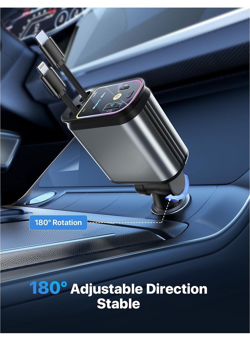 شاحن سيارة ستارلايت القابل للسحب مع كابلات قابلة للسحب، شاحن سيارة فائق السرعة 4 في 1 من ستارلايت في سقف السيارة، محول شاحن سيارة بمنفذي USB مع سماء نجمية - Image 4