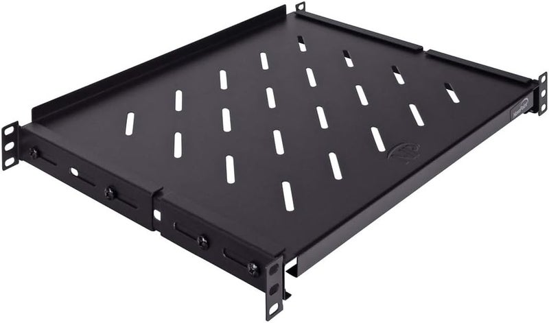 NavePoint Vented 4-Post Shelf, Adjustable, Black, 350 mm Depth, 1U, 242 lbs, Cold Rolled Steel, CE Compliant - Image 1