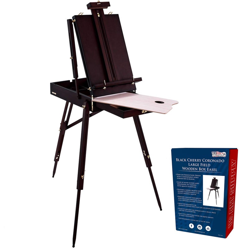 US Art Supply Large Black Cherry French Easel Adjustable Plein Air Easels Beechwood Sketchbox Tripod for Field  Studio Painting Easel for Adults Drawing Display  Portable with Drawer  Palette