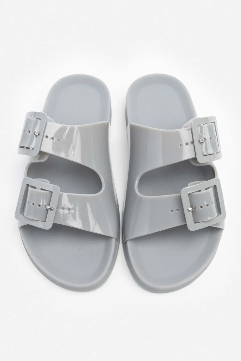 نيشانتاشي شوز Marlowe Transparent Gray Double Buckle Detail Flat Sole Women's Slippers