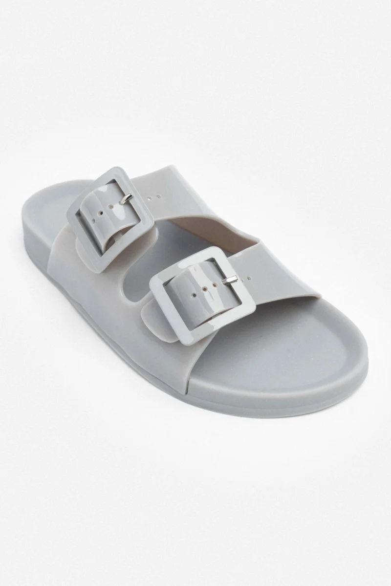 نيشانتاشي شوز Marlowe Transparent Gray Double Buckle Detail Flat Sole Women's Slippers