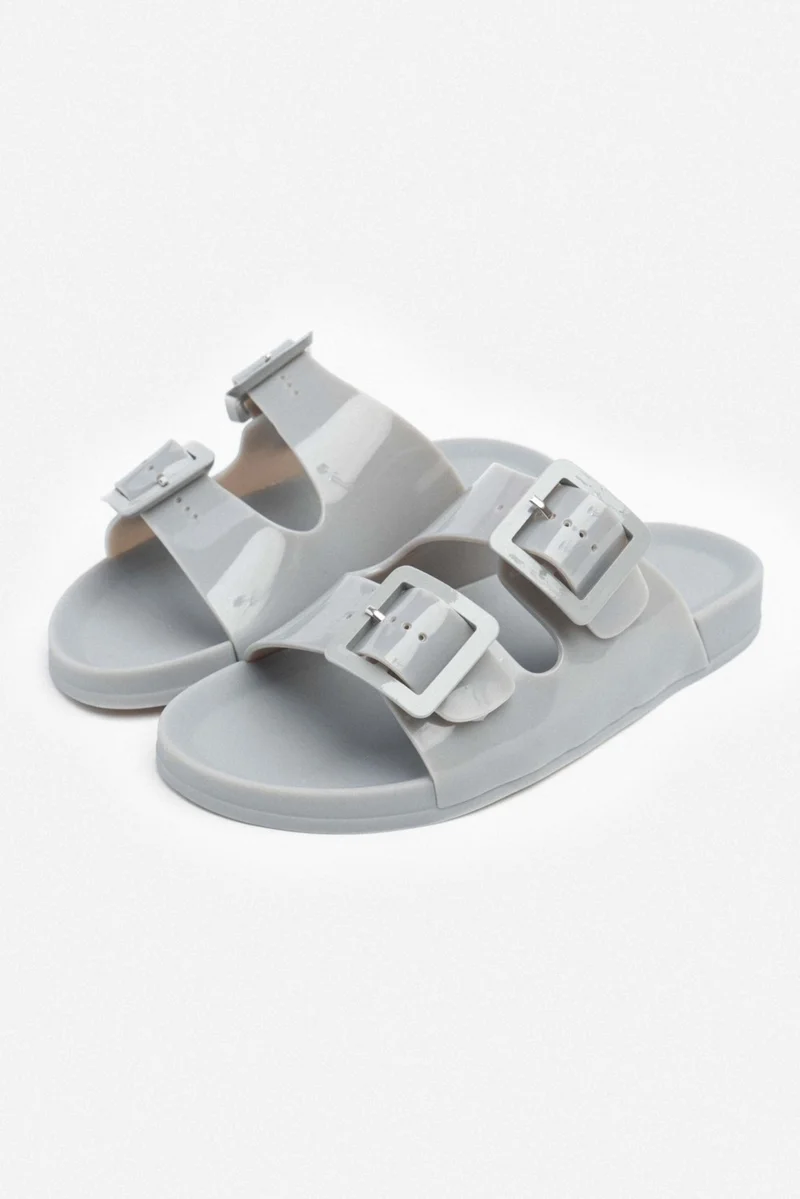 نيشانتاشي شوز Marlowe Transparent Gray Double Buckle Detail Flat Sole Women's Slippers