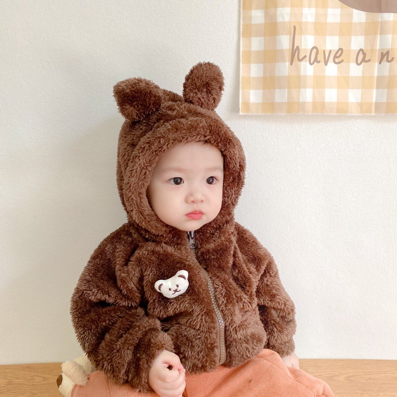 Plush Thickened Kids Hooded Coat for Autumn Curry  - Image 1