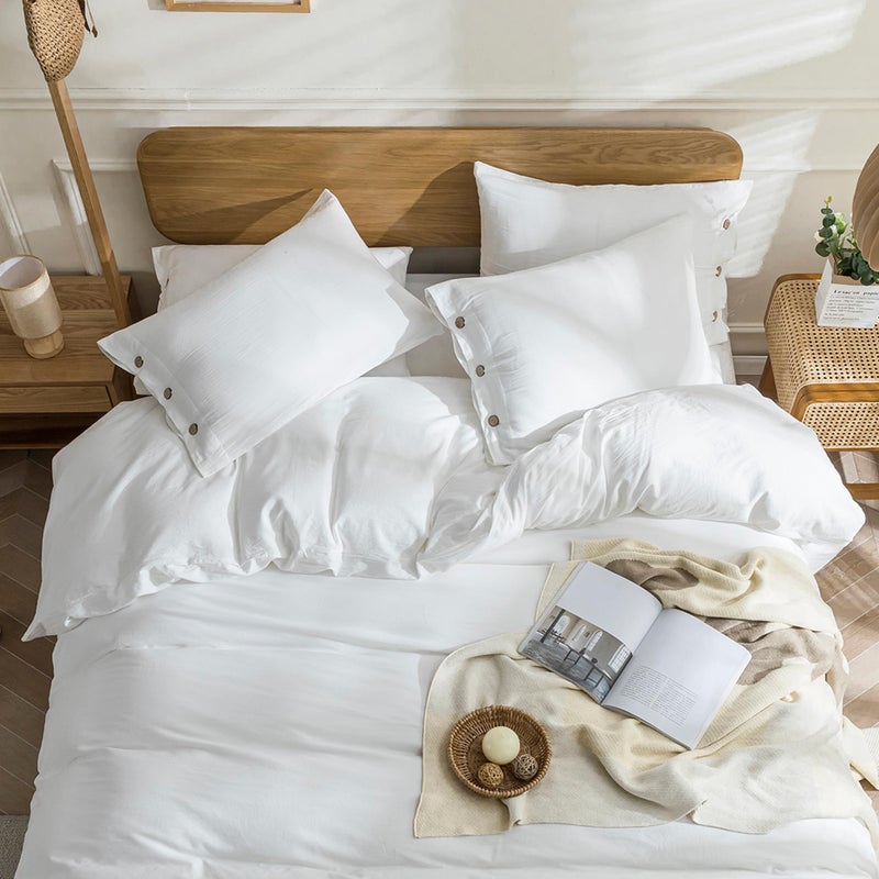 JELLYMONI White Duvet Cover Queen Size - 100% Washed Cotton Linen Like Textured Comforter Cover, 3 Pieces Breathable Soft Bedding Set with Button Closure (Bright White, Queen 90"x90") - Image 3
