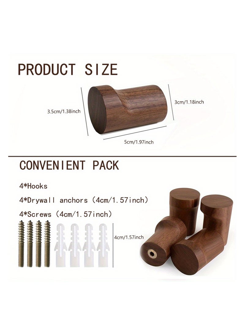 4pcs Rustic Walnut Wood Coat Hooks Set, Modern Handcrafted Wooden Pegs, Non-Slip, Easy Install, for Hanging Hats, Coats, Multi-Purpose Wall Decor - Image 5