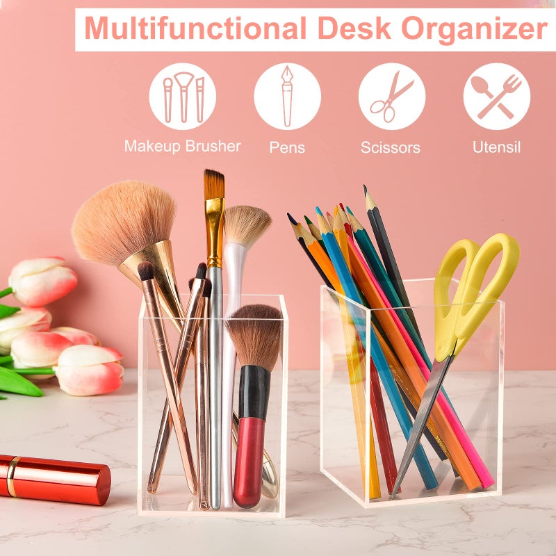 Mototo 2 Pieces Clear Acrylic Pen Holder & Pencil Cup Clear Makeup Bush Holder Acrylic Desktop Stationery Organizer for Office School Home Desk Accessories - 2 Pack, Square - Image 3