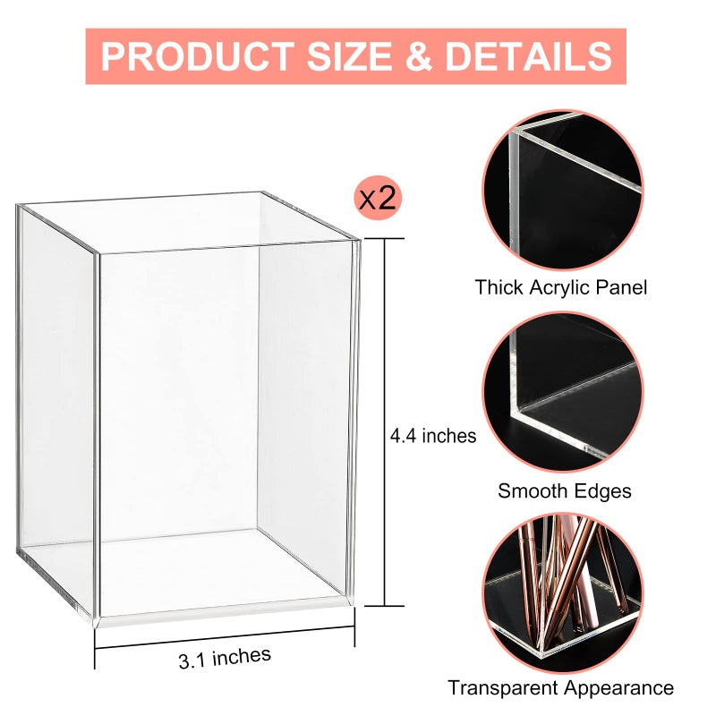 Mototo 2 Pieces Clear Acrylic Pen Holder & Pencil Cup Clear Makeup Bush Holder Acrylic Desktop Stationery Organizer for Office School Home Desk Accessories - 2 Pack, Square - Image 2