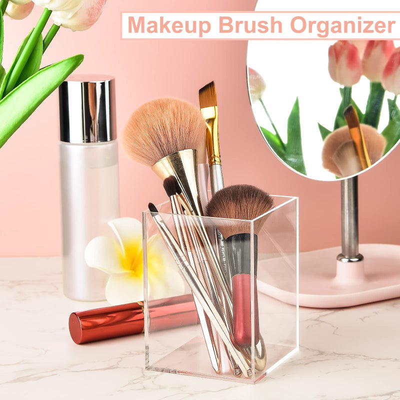 Mototo 2 Pieces Clear Acrylic Pen Holder & Pencil Cup Clear Makeup Bush Holder Acrylic Desktop Stationery Organizer for Office School Home Desk Accessories - 2 Pack, Square - Image 5