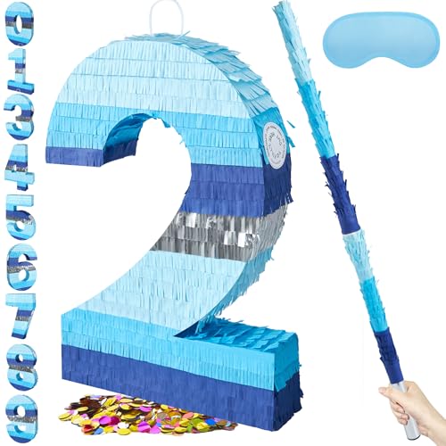 PCFING 20 Inch Number 2 Piata Blue Silver with 30 Inch Piata Stick Blindfold Confetti for Boys Girls Adults Birthday Party Decorations Anniversary Celebration Fiesta - Image 1