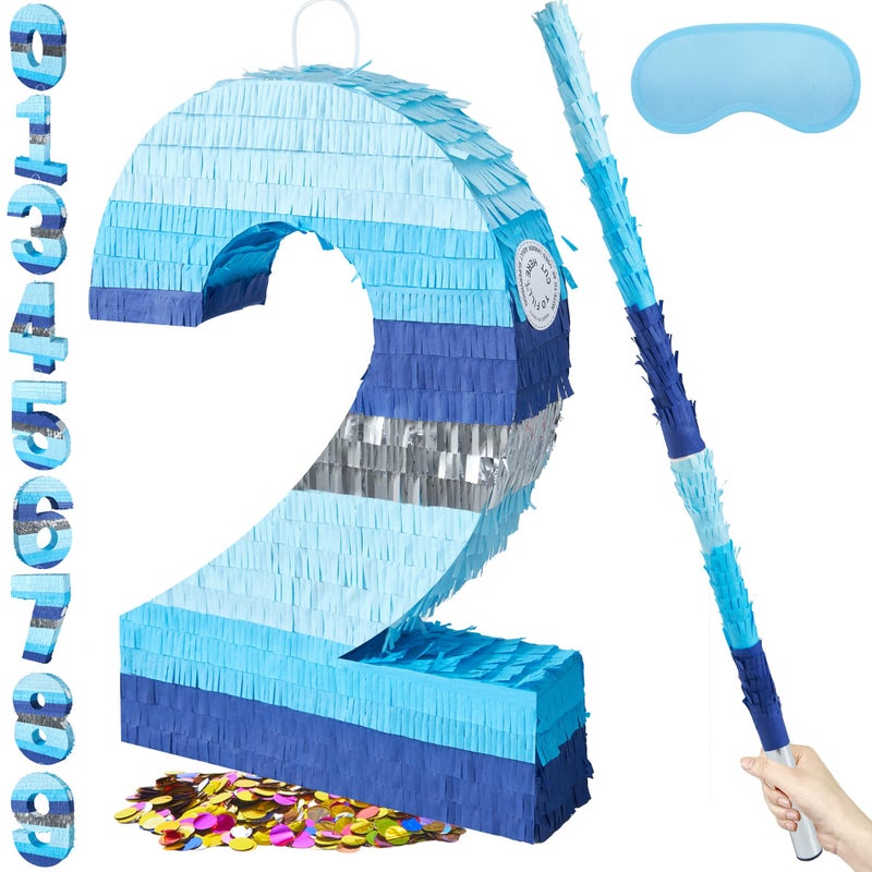 PCFING 20 Inch Number 2 Piata Blue Silver with 30 Inch Piata Stick Blindfold Confetti for Boys Girls Adults Birthday Party Decorations Anniversary Celebration Fiesta - Image 3